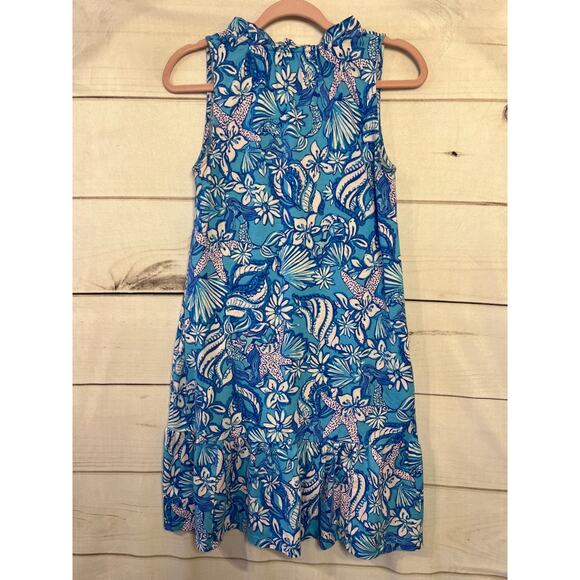 Lilly Pulitzer Size XS Sleeveless Dress Ruffled Collar Easy Comfy Blue Print - Picture 2 of 8